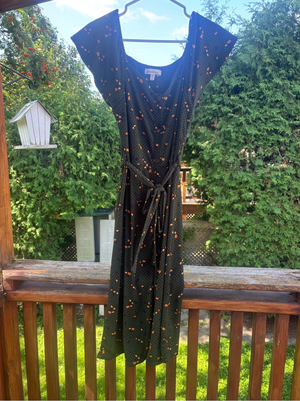 Monteau green Midi Dress with Orange Floral and White Dot Print